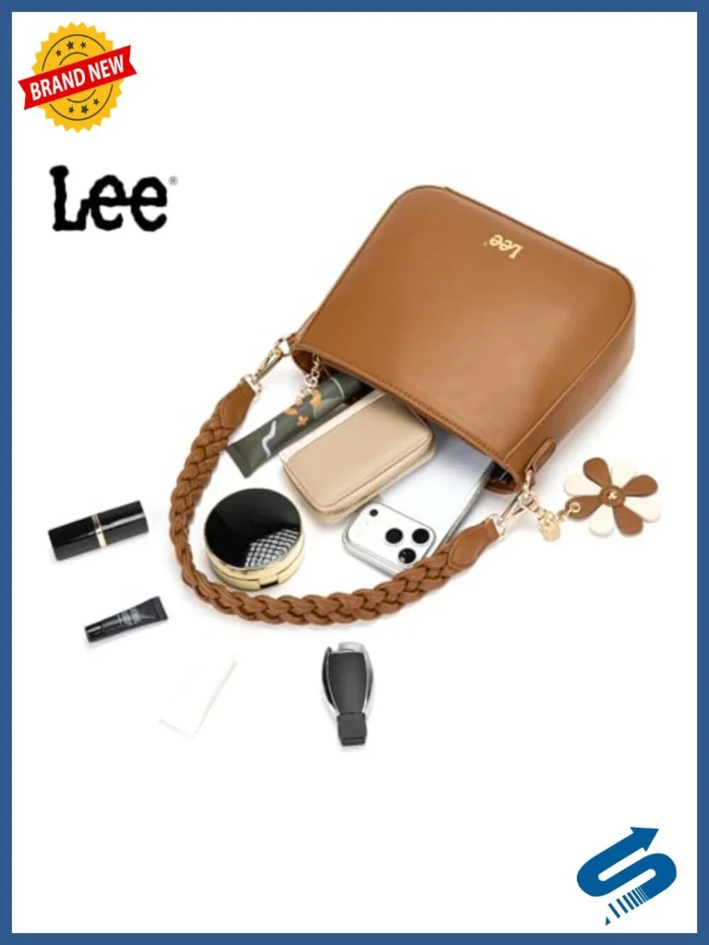 Convertible Shoulder Bag with Detachable Strap & Floral Charm